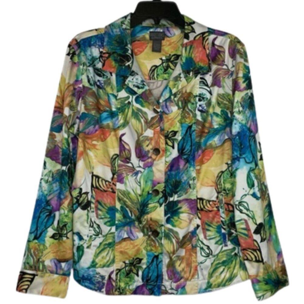 Additions by Chico's colorful floral button down blouse size 2 some stretch